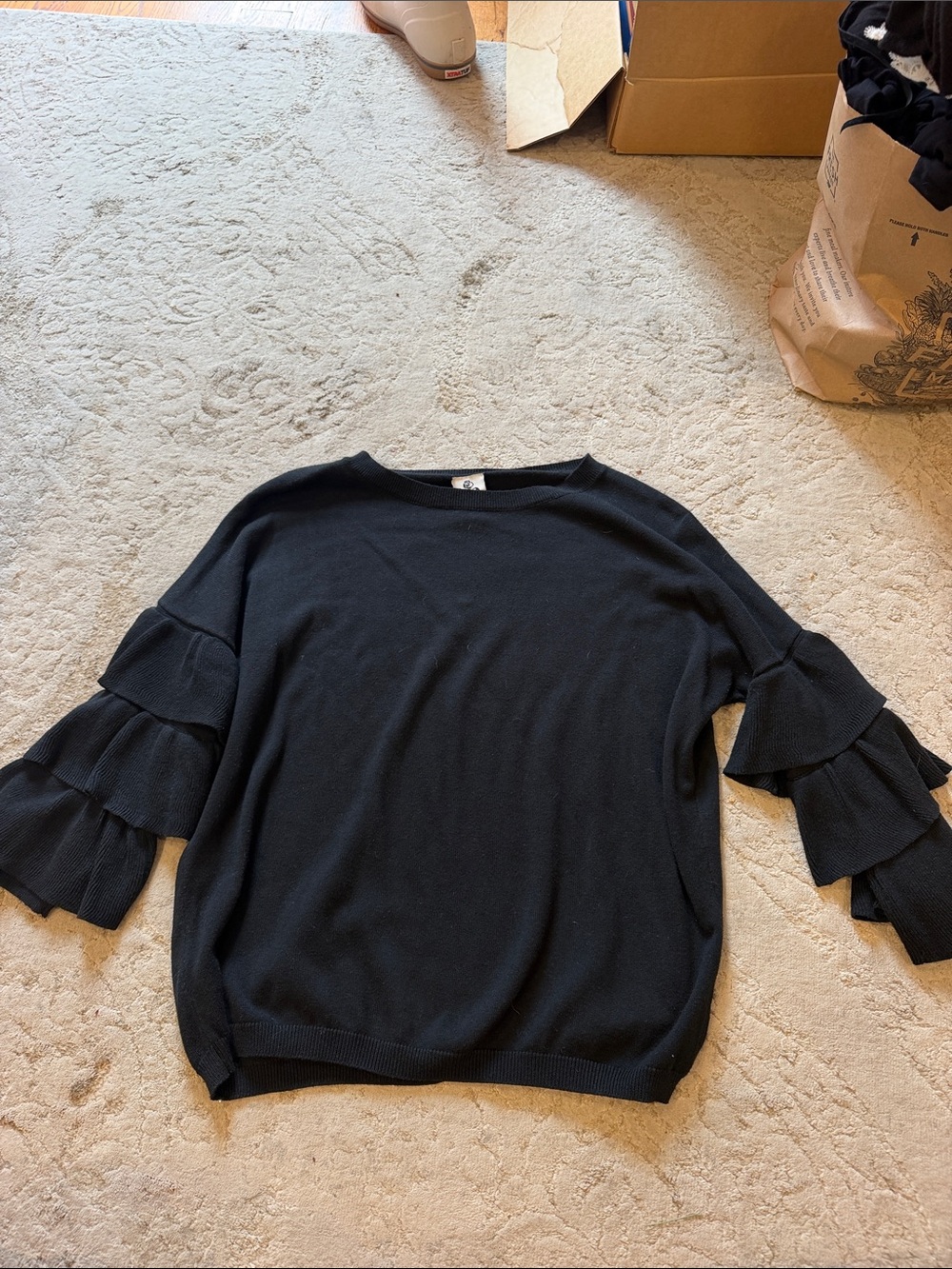 Black Ruffle-Sleeve Knit Pullover Top